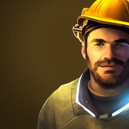 Image similar to portrait of a miner with headlamp as a character in the game League of Legends, dimly lit tunnel, detailed rugged face, old 3d graphics