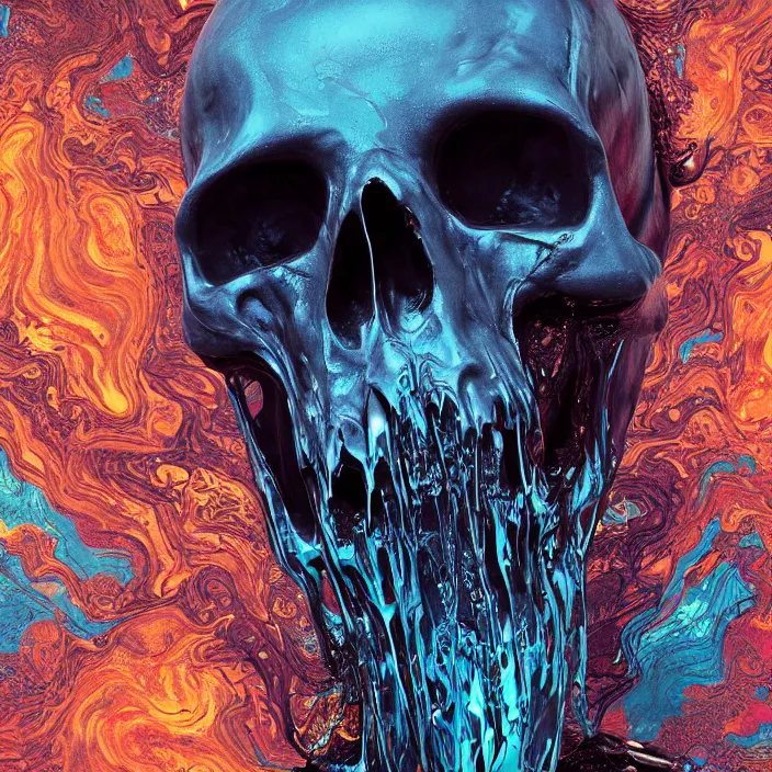 Prompt: a melting dripping skull. burning water distortions. intricate abstract. intricate artwork. by Tooth Wu, wlop, beeple, dan mumford. octane render, trending on artstation, greg rutkowski very coherent symmetrical artwork. cinematic, hyper realism, high detail, octane render, 8k, depth of field, bokeh. iridescent accents