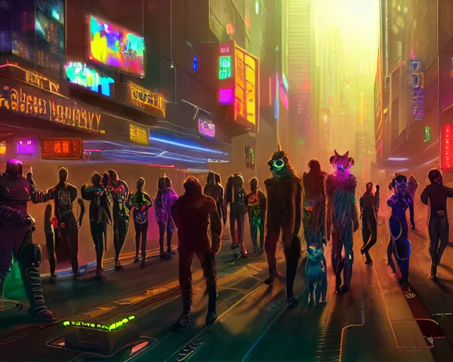 Image similar to high - resolution photograph from a cyberpunk era furry fandom convention ( midwest furfest 2 0 4 7 ), taking place after the genetic revolution and singularity. photorealistic.