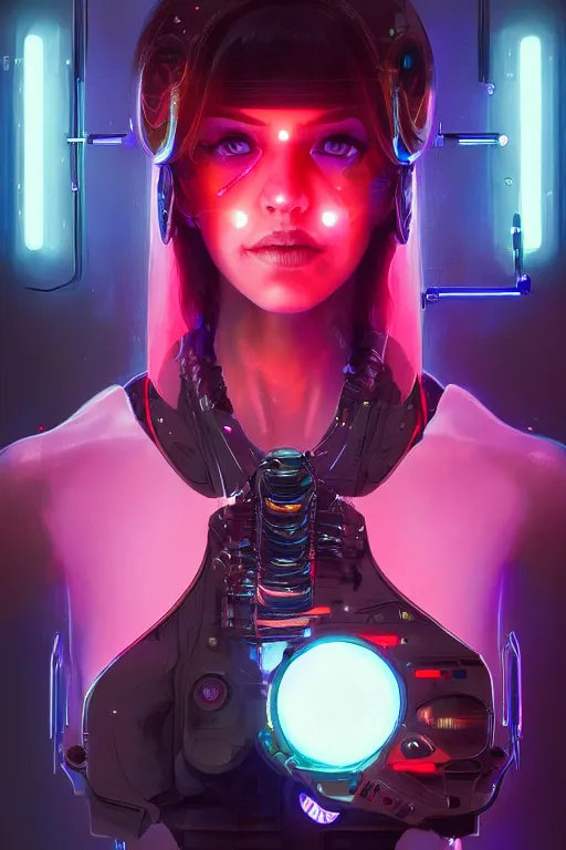 Image similar to portrait of a trippy cyborg girl with biotechnical parts and neon light by Artgerm and Greg Rutkowski , digital painting, highly detailed, trending on artstation