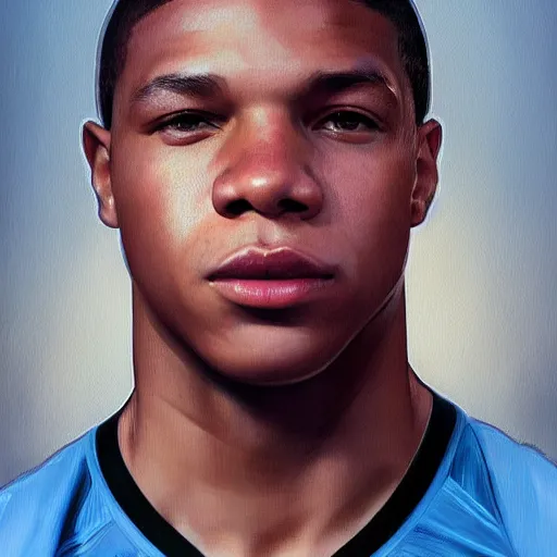 Prompt: Portrait of Kylian Mbappé, digital painting, highly detailed, concept art, Artstation, Cgsociety, by Artgerm, by Alphonse Mucha, by Wlop