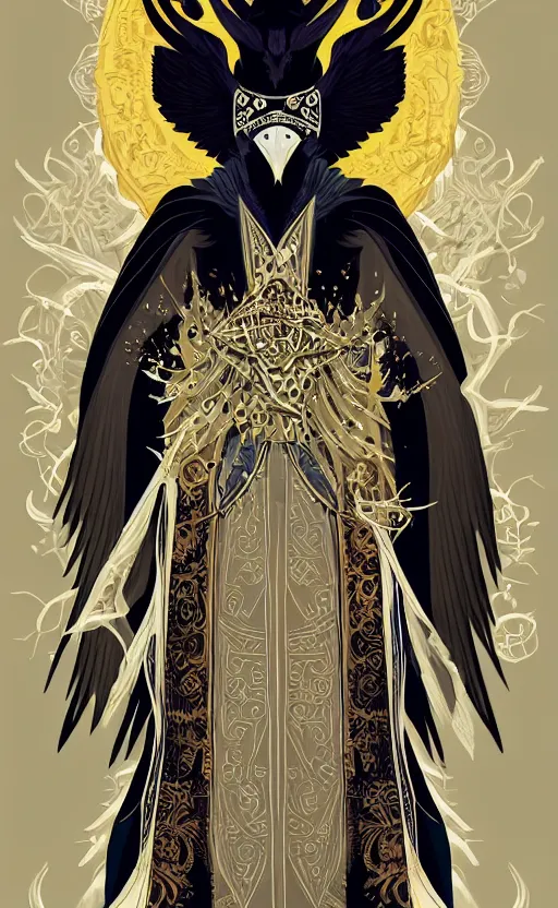 Prompt: raven headed male warlock doing wind magic, white and gold robes, exquisite details, full body character design on a white background, by studio muti