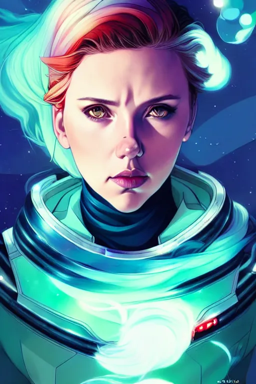 Image similar to style artgerm, joshua middleton, illustration, scarlett johansson as space astronaut wearing green pelt light armor, anime eyes, blue hair, swirling water cosmos, fantasy, dnd, cinematic lighting