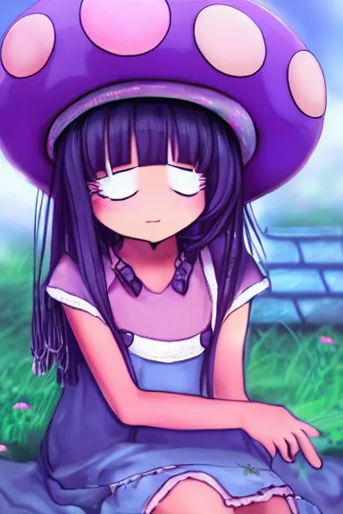 Prompt: a beautiful little girl wearing a mushroom hat sitting on her bed petting a frog in her lap | | purple hair, pretty face, sharped details, in ryuuou no oshigoto art style, trending on pixiv, anatomically correct