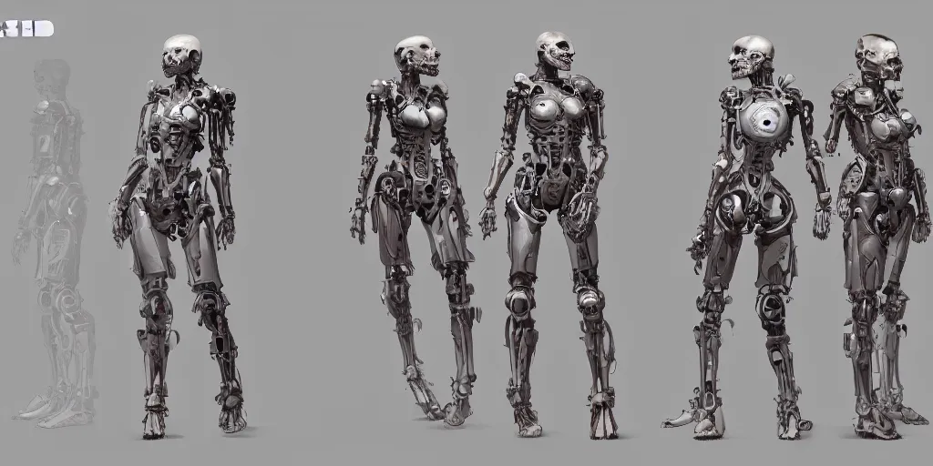 Image similar to bone head design girl full body cyborg , character sheet, Moebius, Greg Rutkowski, Zabrocki, Karlkka, Jayison Devadas, Phuoc Quan, trending on Artstation, 8K, ultra wide angle, zenith view, pincushion lens effect.