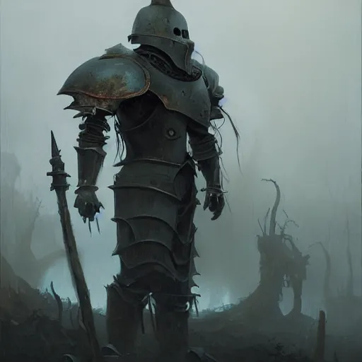 Prompt: Hyper realistic oil painting of forsaken knight, knight in the foreground, fog, volumetric lighting, nighttime, moonlight, creepy, by greg rutkowski