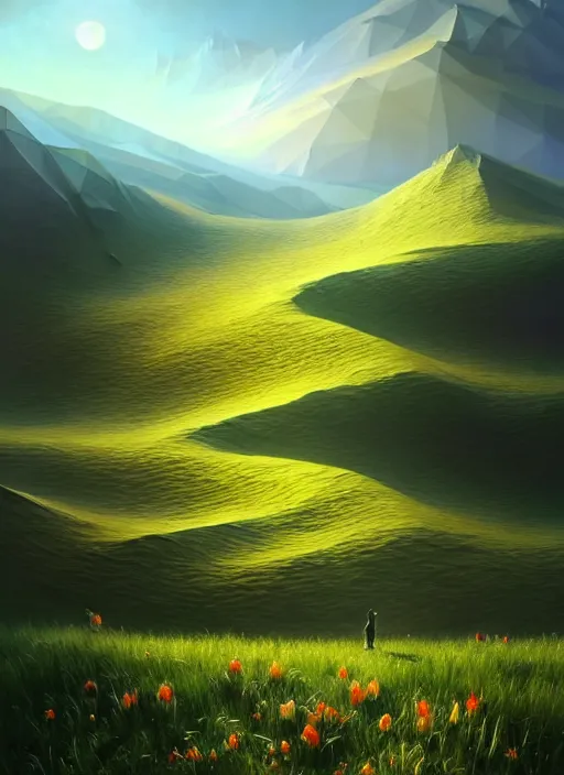 Prompt: a hyper - detailed 3 d render like a oil painting of spring in the low - poly hills, surrealism!!!!! surreal concept art, lifelike, photorealistic, digital painting, aesthetic, smooth, sharp focus, artstation hd, by greg rutkowski, chris tulloch mccabe, valentina remenar, krenz cushart and asher duran,