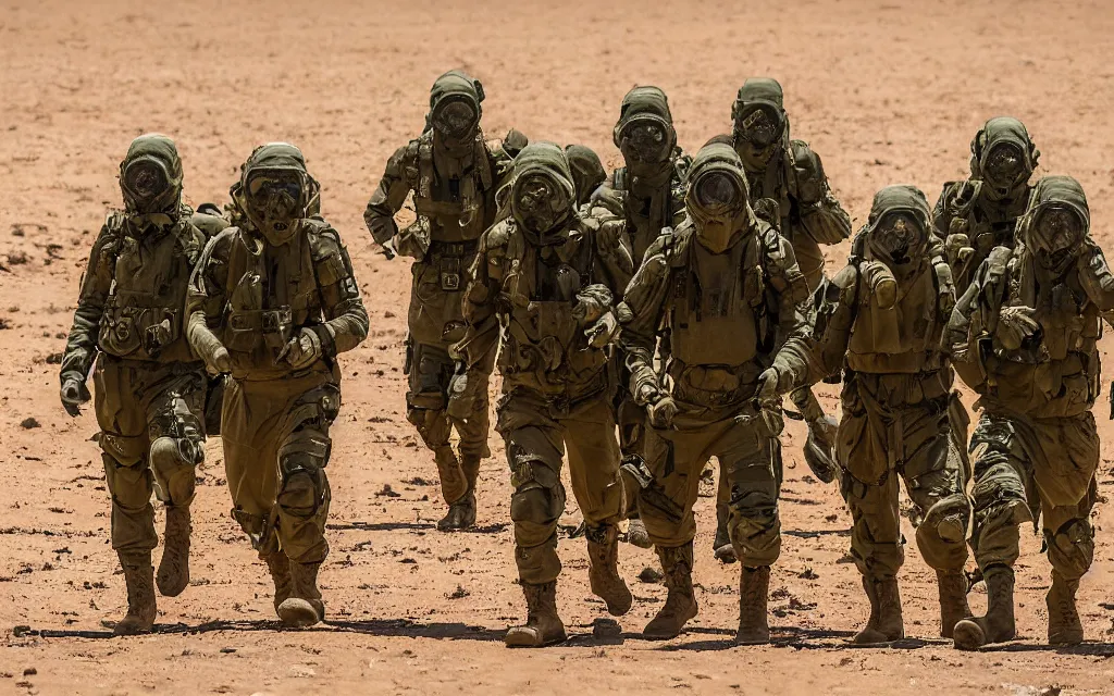 Image similar to a group of five soldiers in dark green tactical gear and gas masks on a rescue mission like the film stargate walk through a sandy desert with distant red mesas ahead of them. They've found a dead body. dusty. 200mm lens, mid day, heat shimmering.