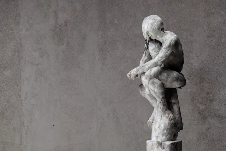 Prompt: a sculpture of a person sitting on top of a chair, a marble sculpture by nicola samori, behance, neo - expressionism, marble sculpture, apocalypse art, made of mist 1 2 3 4 9. 4