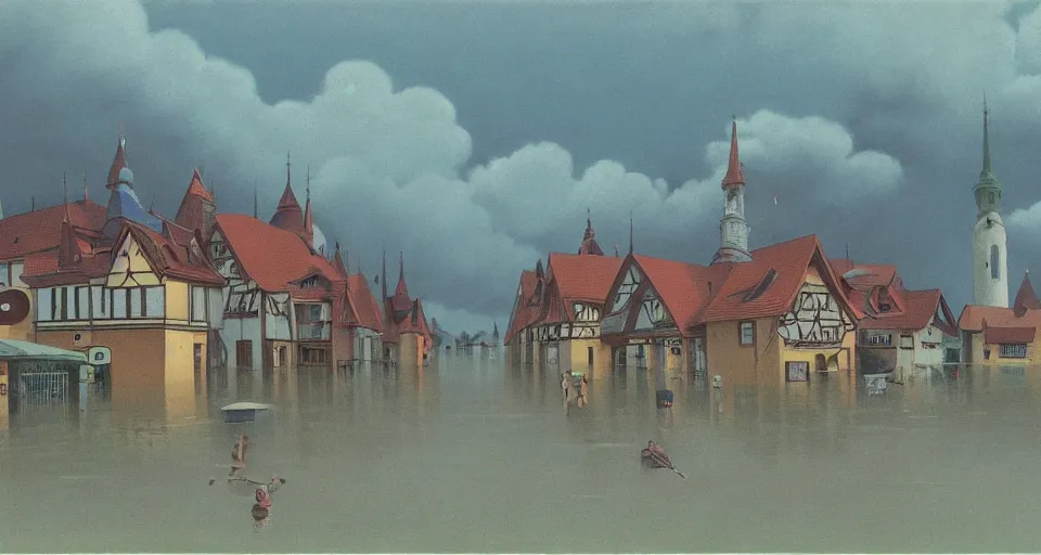 Prompt: painting of a small german town being flooded in the style of studio ghibli, Zdzisław Beksiński