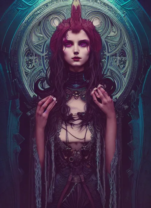 Prompt: satanist perfect girl portrait, intricate artwork by josan gonzalez, artgerm, tom bagshaw, kilian eng, alphonse mucha, zdizslaw beksinski, very coherent artwork, cinematic, syntwave, noir gothic cyberpunk, octane render, unreal engine, 8 k, high contrast