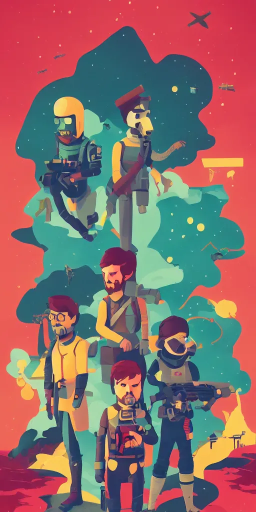 Prompt: no mans sky, dark 2D matte gouache illustration, poster, style of wes anderson