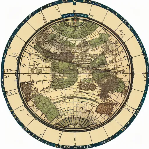 Prompt: a stack of turtles beneath a round disc map, turtle s