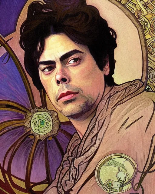 Prompt: a portrait painting of ( ( ( benicio del toro ) ) ) in the style of alphonse mucha!!!