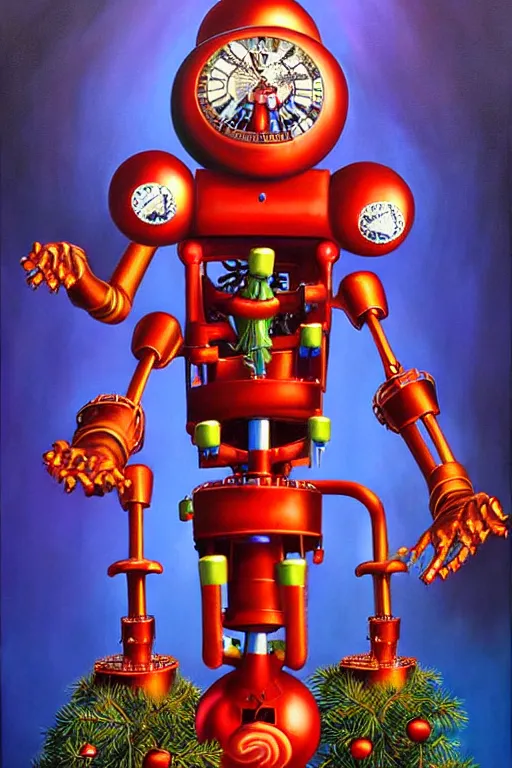 Prompt: a hyperrealistic painting of a 3 d christmas nightmare giant mechanical nutcracker, cinematic horror by chris cunningham, lisa frank, richard corben, highly detailed, vivid color,