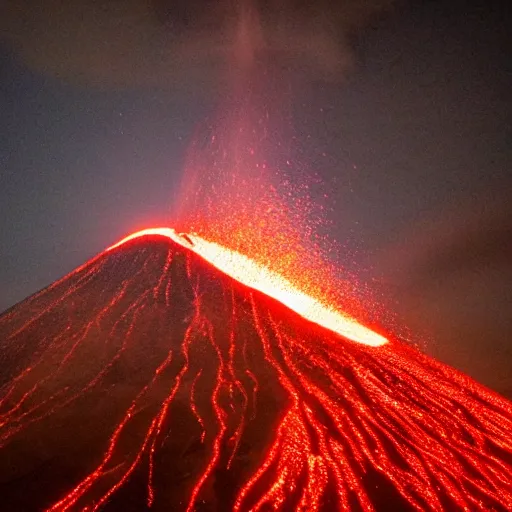 Image similar to erupting volcano surrounded by a sea of red glowing in the night