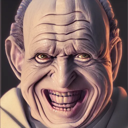 Image similar to portrait of Emperor Palpatine, Orange eyes, circles under the eyes, laughing, photorealism, 4k, super detail, Star Wars movie Style