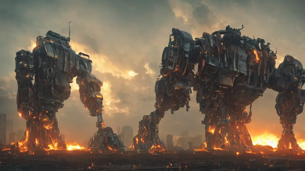 Image similar to a giant mechanical robot in profile looms over a megacity, background explosions and fire, rule of thirds, rendered in octane, rendered in Corona, rendered in vray, rendered in Arnold, insanely detailed, photorealistic, cinematic, global illumination, no grain
