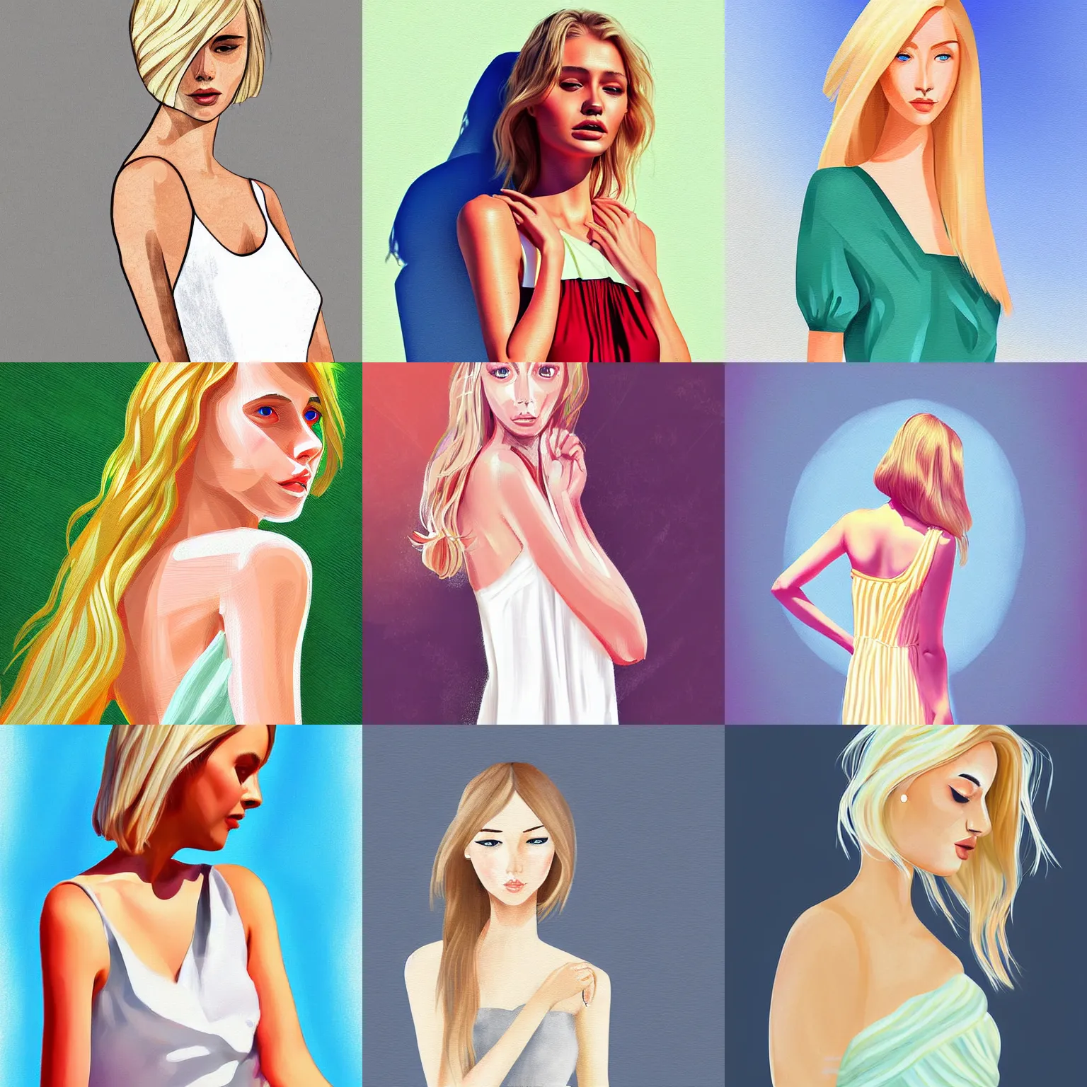 Prompt: woman wearing a summer dress, light blonde shoulder-length hair, digital art, digital painting
