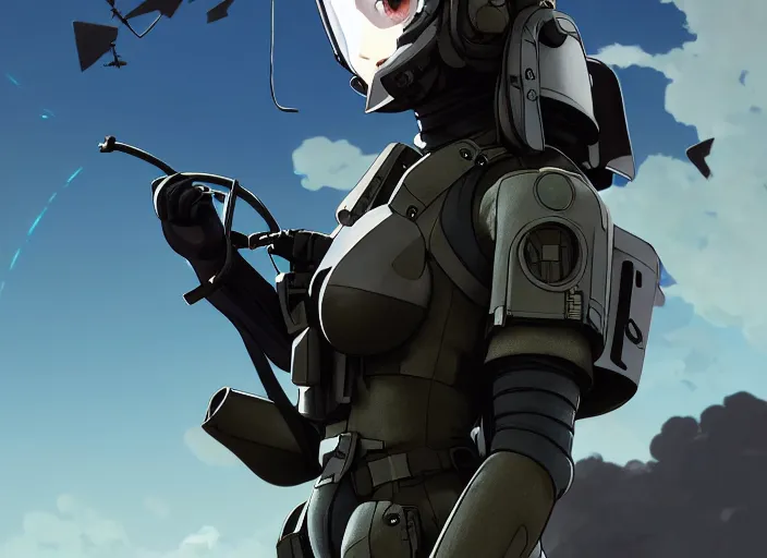 Image similar to portrait of pilot girl parachuting behind enemy lines, black sky background, chaotic landscape, illustration concept art anime key visual trending pixiv fanbox by wlop and greg rutkowski and makoto shinkai and studio ghibli and kyoto animation, kaki body suit, wires, halo, odst, oxygen mask and helmet, military gear, grimdark, volumetric lighting