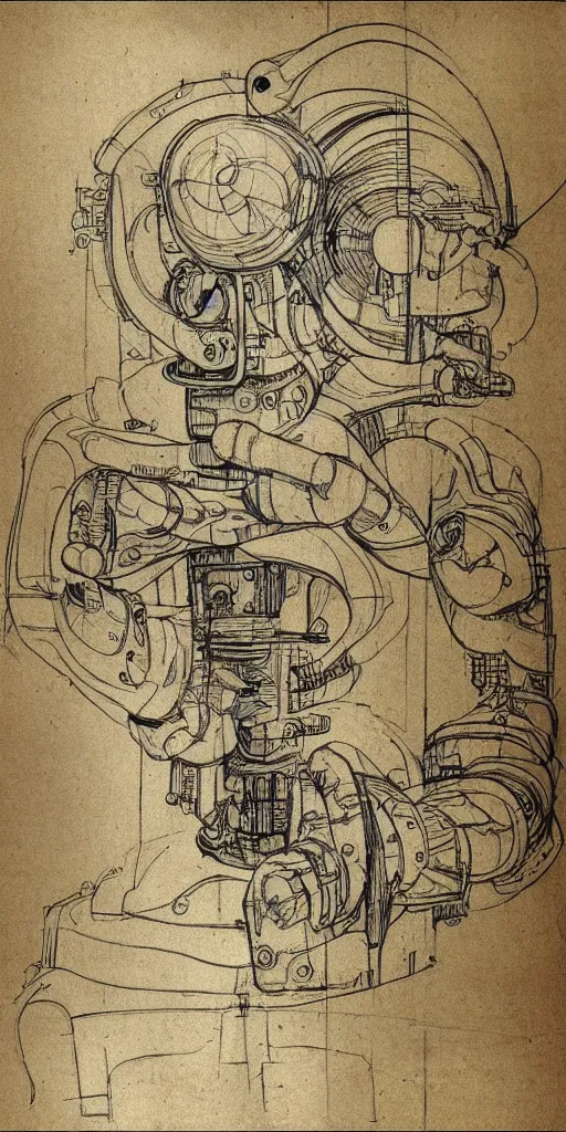 Image similar to robot/human interface by da vinci, detailed color technical drawing