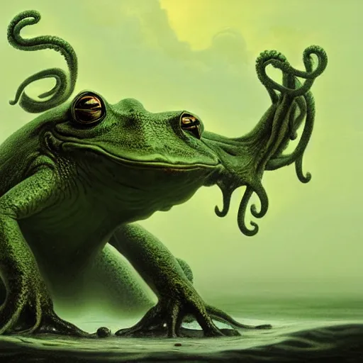 Prompt: cthulhu frog emerging from the ocean to take a sit at a mushroom chair, full body shot, matte painting, glorious, unsettling, misty, by lovecraft and greg rutkowski, luis royo and wayne barlowe, artstation