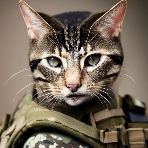 Image similar to portrait photo of a soldier cat, highly detailed, high resolution, cosplay photo, stunning, bokeh soft, by professional photographer, military clothing, shot with a canon