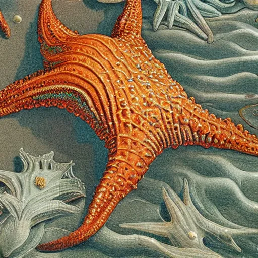 Prompt: elaborate baroque rococo hyperdetailed hyperrealistic starfish on the ocean ground. seen from the distance. with a lot of little details. childrenbook scientific illustration in soft natural tones. hd hyperdetailed octane. matte paper background. in the style of ulriko - e and botticelli and national geographic and ernst haekel and daniel martin diaz