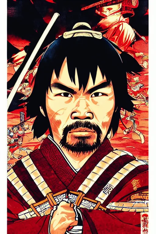 Prompt: poster of manny pacquiao as a samurai, wearing sengoku - era shogunate armor, by yoichi hatakenaka, masamune shirow, josan gonzales and dan mumford, ayami kojima, takato yamamoto, barclay shaw, karol bak, yukito kishiro