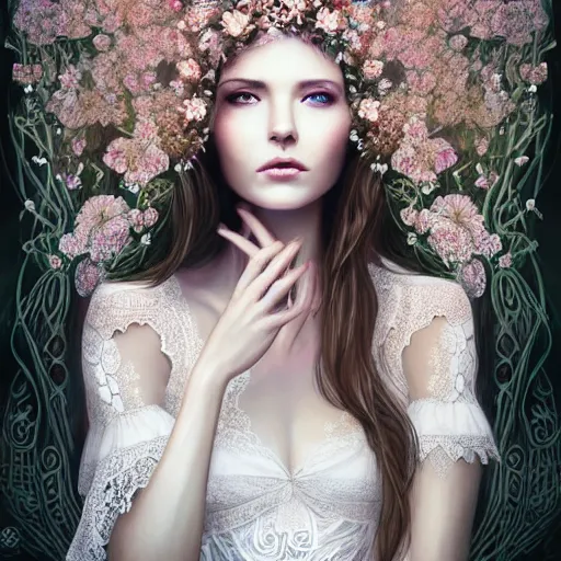 Prompt: a picture of a beautiful woman with a symmetrical detailed face, dressed in a white lace dress and covered in flowers and leaves sitting in an enchanted forest, sunset, high fantasy, elegant, epic, detailed, intricate, digital painting, concept art, realistic detailed face, smooth, focus, rim light