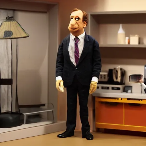 Image similar to Bob Odenkirk as Saul Goodman realistic Muppet puppet, wide lens, diorama, 4k,