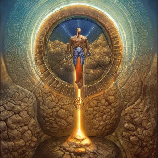 Image similar to The portal master tarot card by Tomasz Alen Kopera and Salvador Dali and moebius, impressive perspective, seen from above, masterpiece, 8k, dynamic lighting, Highly Detailed, trending on artstation