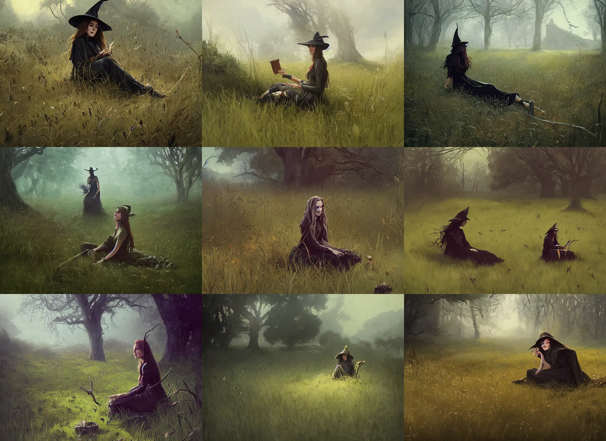 Prompt: A witch sitting in overgrown grass by Raoul Vitale and Greg Rutkowski