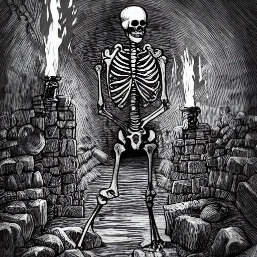 Prompt: a skeleton wandering through an endless dungeon with a torch, very detailed