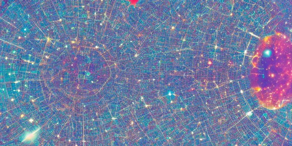 Image similar to vintage color photo of cosmic London broken physics skyrise vista, microscopy, singularity, f22, ISO 100