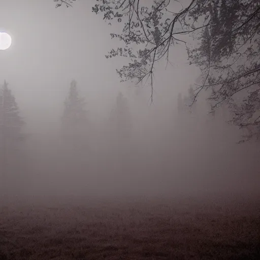 Image similar to photo of a ghost at forest at night, with moonlight, stars and fog