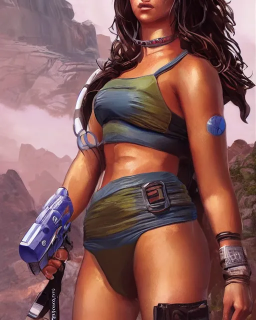Prompt: Sydney Sweeny Bikini as an Apex Legends character digital illustration portrait design by, Mark Brooks and Brad Kunkle detailed, gorgeous lighting, wide angle action dynamic portrait