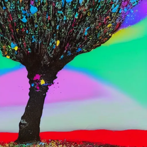 Prompt: a tree splattered in multicolored paint