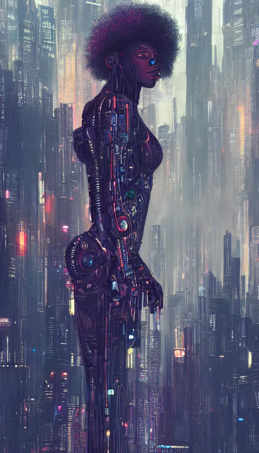 Image similar to a beautiful young Black woman, cyberpunk, Blade Runner city background, highly detailed, 8K, artstation, illustration, art by Gustav Klimt