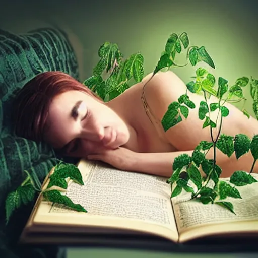 Image similar to “ very photorealistic photo of vines growing out of a woman ’ s book as she sleeps, award - winning details ”