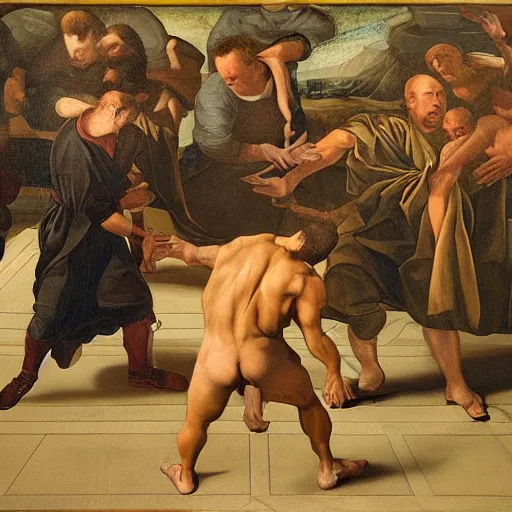 Prompt: three clones of Alex Jones of InfoWars fighting in a courtroom, renaissance painting, extremely detailed