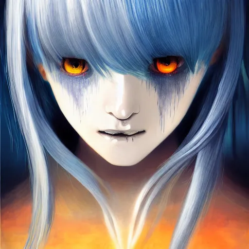 Image similar to imaginative painting of rimuru tempest, sky blue straight hair, long bangs, with amber eyes, wearing a black jacket, high collar, ultra detailed, brush strokes, skin texture, digital painting, cinematic, wlop artstation, closeup, pixiv, eerie, scary, intimidating glare, evil, junji ito, yoshitaka amano