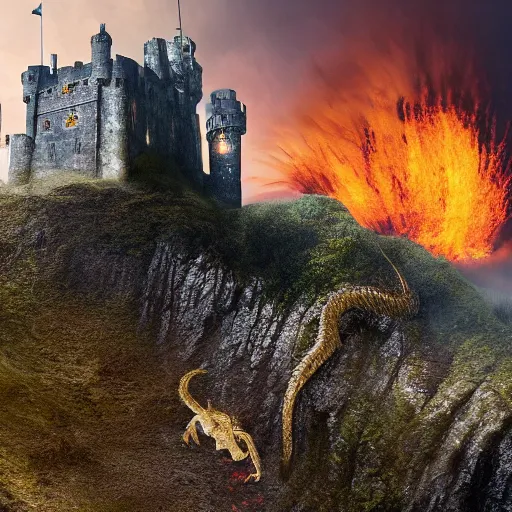 Prompt: a knight going to jump to get on dragons back as fire inflames the ground beneath him, with castle in distance, stormy, raining, 4 k, hd, realistic