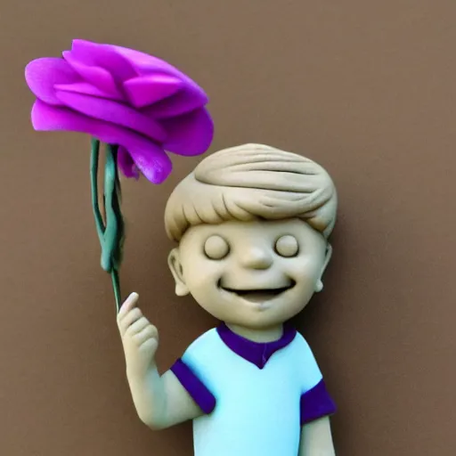 Prompt: the little prince smiling with a purple flower on his hand. made of clay