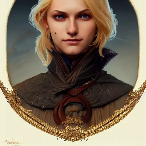 Image similar to an epic fantasy comic book style portrait painting of a young blonde thief, d & d, fantasy, joyful smirk, intricate, elegant, digital painting, artstation, concept art, extremely detailed, matte, sharp focus, illustration, art by artgerm and greg rutkowski and alphonse mucha