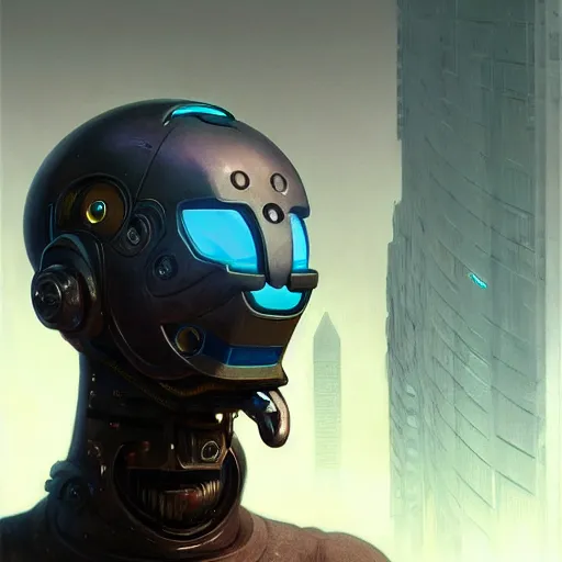 Image similar to detailed character concept art portrait of a masked robot in a city, trending on artstation, award - winning video game concept art by jim burns and greg rutkowski, beksinski, a sci - fi concept art masterpiece, james gilleard, bruegel, alphonse mucha, and yoshitaka amano.