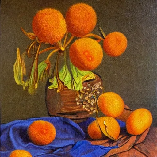 Prompt: a highly detailed oil painting of a Lúcuma and a cloudberry, by van Gough, Picasso, Matisse, Caravaggio, epic lighting, warmth, cosmic vibrations n-4