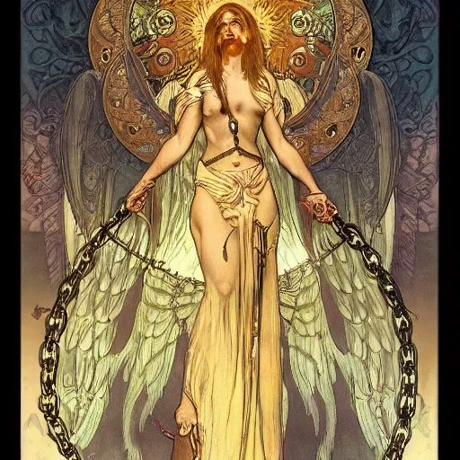 Prompt: book of enoch, angels capture demons with huge chains and send them to hell, by oi and mucha and remington, trending on artstation