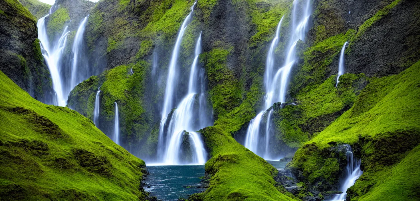 Image similar to a waterfall in the middle of a mountain range, a detailed matte painting by hallsteinn sigurðsson, shutterstock contest winner, naturalism, uhd image, creative commons attribution, photo taken with ektachrome