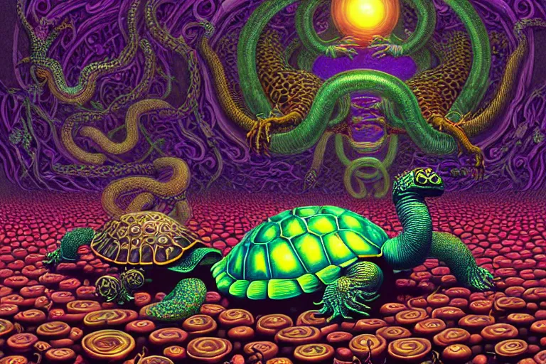 Image similar to a detailed digital art painting of a cell shaded cyberpunk ornate magick oni dragon with occult futuristic effigy of a beautiful field of mushrooms that is a adorable turtle atomic latent snakes in between ferret biomorphic molecular psychedelic hallucinations in the style of escher, alex grey, stephen gammell inspired by realism, symbolism, magical realism and dark fantasy, crisp